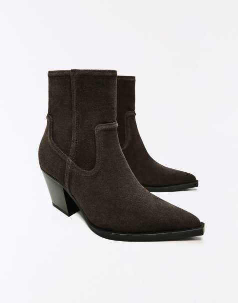 Bershka Leather cowboy heel ankle boots in brown - view 1