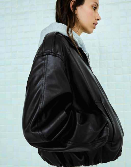 Bershka Leather effect balloon jacket in black, 2 of 6