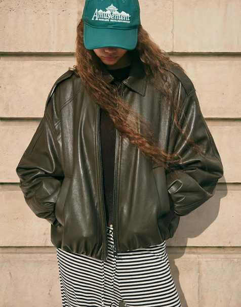 Bershka Leather effect balloon jacket in khaki