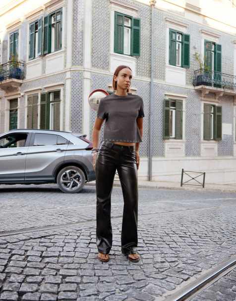 Bershka Leather effect boot-cut trousers in brown - view 1