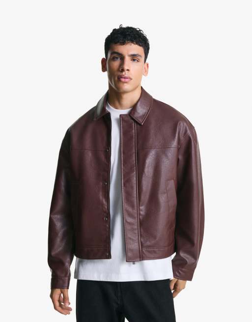 Bershka Leather effect boxy fit jacket in burgundy