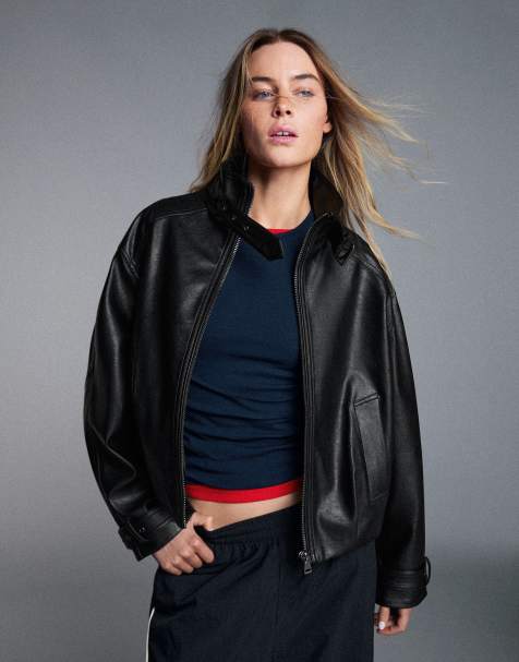 Bershka Leather effect funnel neck jacket in black - view 1