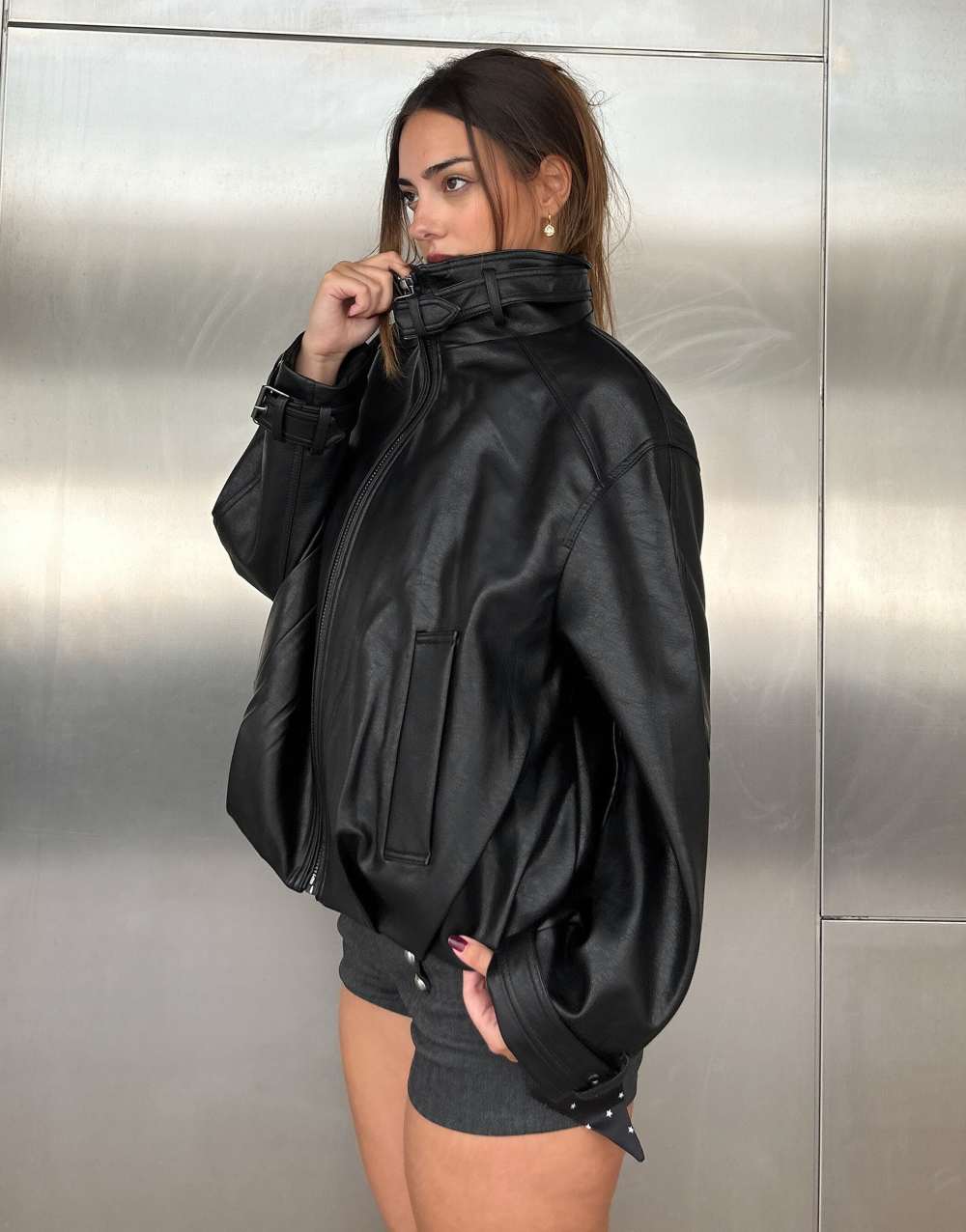 Bershka Leather effect funnel neck jacket in black