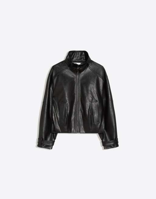 Bershka Leather effect funnel neck jacket in black, 5 of 5