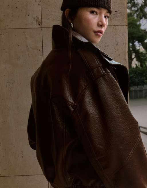 Bershka Leather effect funnel neck jacket in brown, 2 of 4