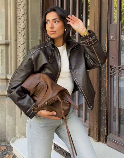 Bershka Leather effect funnel neck jacket in brown - view 1