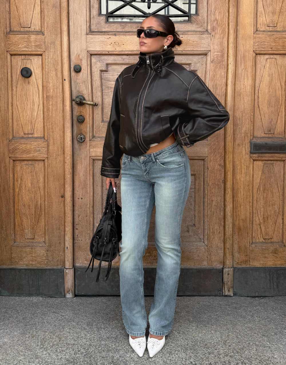 Bershka Leather effect funnel neck jacket in brown