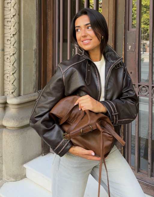 Bershka Leather effect funnel neck jacket in brown, 2 of 5