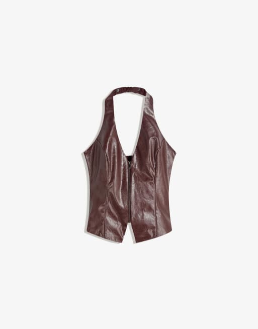 Bershka Leather effect halter top with zip in burgundy, 2 of 4