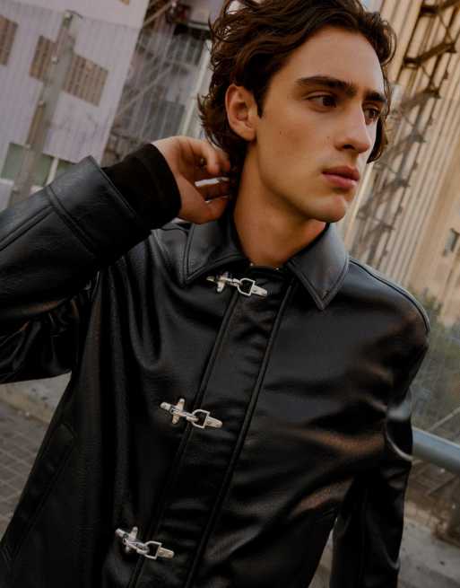 Bershka Leather effect jacket with clasps in black, 4 of 5