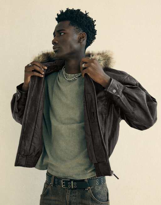 Bershka Leather effect jacket with faux fur hood in brown, 2 of 5