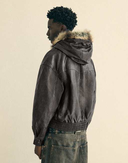 Bershka Leather effect jacket with faux fur hood in brown, 3 of 5