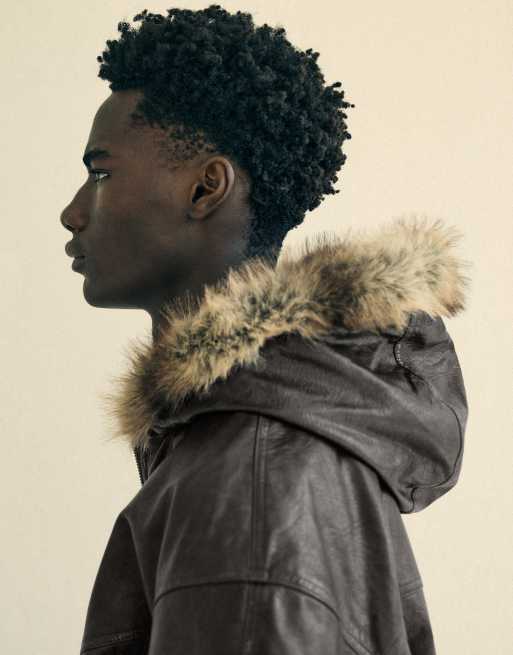 Bershka Leather effect jacket with faux fur hood in brown, 4 of 5