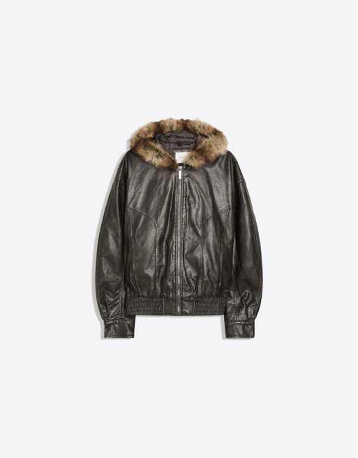 Bershka Leather effect jacket with faux fur hood in brown, 5 of 5