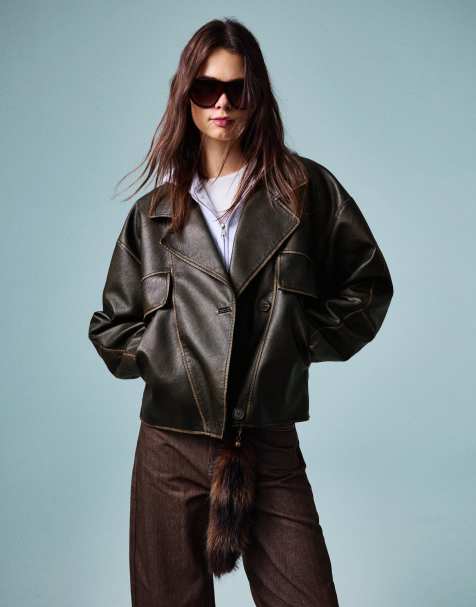 Bershka Leather effect jacket with lapel collar in brown - view 1