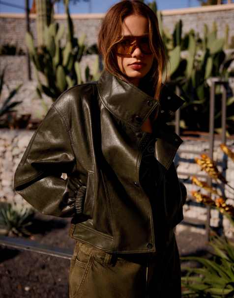 Bershka Leather effect lapel jacket in khaki - view 1
