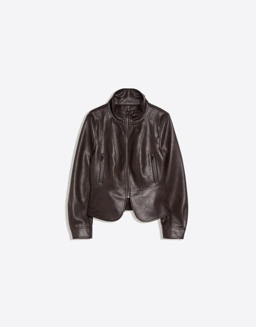 Bershka Leather-effect peplum jacket in brown, 5 of 5