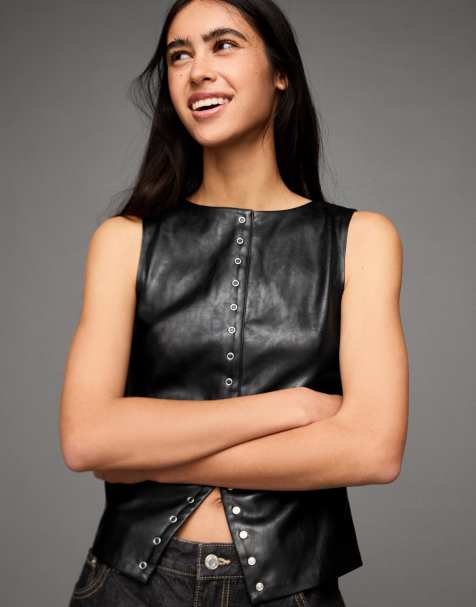 Bershka Leather effect studded top in black - view 1
