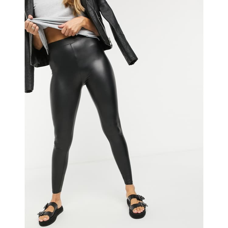 Bershka leather look leggings in black