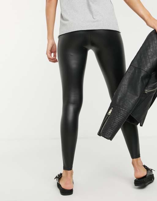 Bershka leather look leggings in black