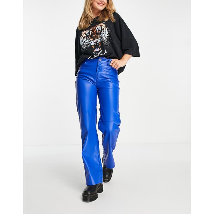 Bershka leather look pants in bright blue ASOS