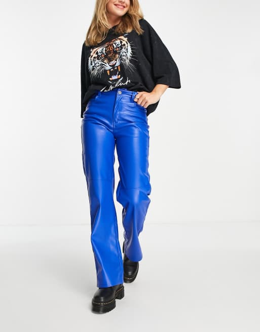 Blue leather on sale look trousers