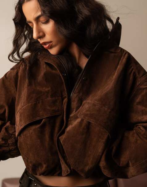 Bershka – Lederjacke in Braun mit Taschen - view 1