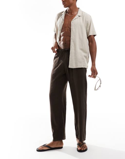 Bershka – Leinenhose in Braun mit weitem Bein