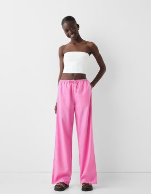 Bershka - Leinenhose in leuchtendem Rosa mit weitem Schnitt und Kordelzug im Bund