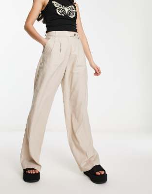 Bershka - Leinenhose in Sandgelb mit weitem Bein und hoher Taille-Grau