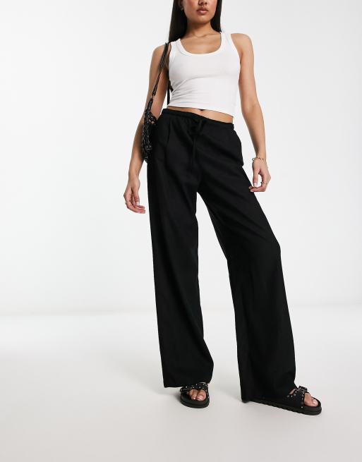 Bershka – Leinenhose in Schwarz mit weitem Schnitt und Taillenschnürung