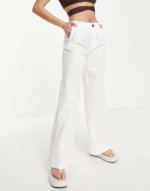 Bershka – Leinenhose mit geradem Bein in Wollweiß