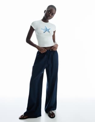 Bershka - Leinenmix-Hose in Marineblau mit elastischem Taillenbund