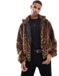 [Bershka] Bershka leopard faux fur coat in brown L BROWN