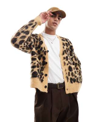 leopard knit cardigan in beige-Neutral
