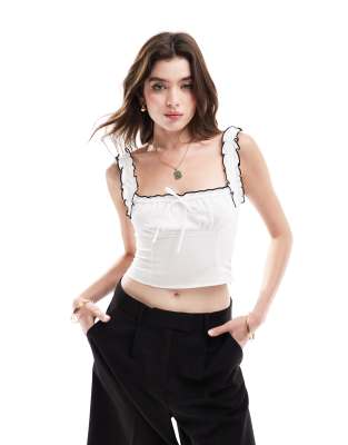 lettuce edge contrast trim milkmaid top in white & black