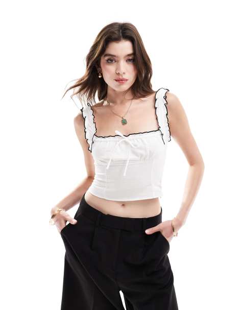 Bershka lettuce edge contrast trim milkmaid top in white & black - view 1