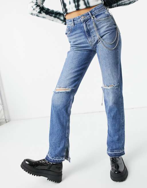 Bershka - Lige jeans med knæhuller og sidesplit i blå, 3 af 4