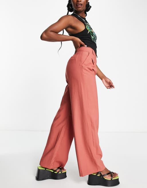 Bershka lightweight darted wide leg trousers in rust