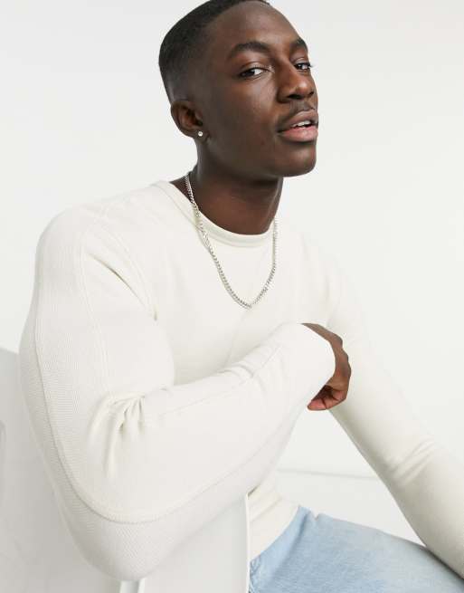 Bershka lightweight knitted jersey crew neck in sand