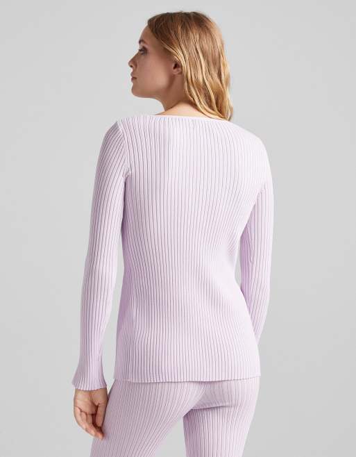 Bershka – Lila ribbstickad kofta med knappdetalj, del av set, 2 av 4