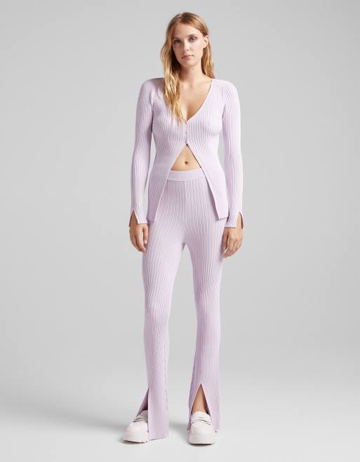 Bershka – Lila ribbstickad kofta med knappdetalj, del av set, 3 av 4