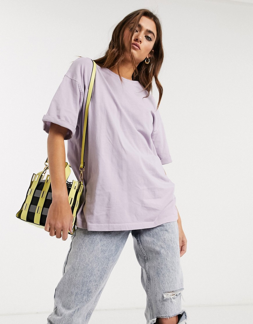 Bershka – Lila t-shirt i oversize-modell med uppvikt ärm