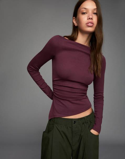 Bershka – Lila t-shirt med långa ärmar och asymmetrisk design - view 1