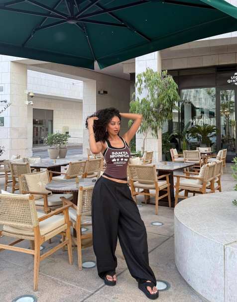 Bershka linen blend balloon fit trousers with darts in black