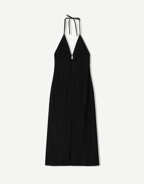 Bershka linen blend halter midi dress with tie detail in black - view 1