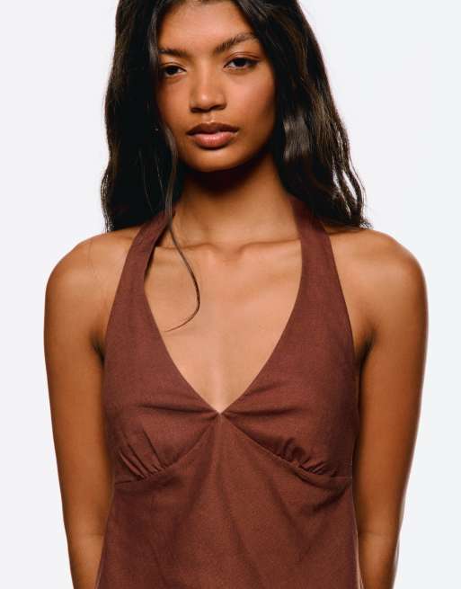 Bershka Linen blend halter mini dress in brown, 3 of 4