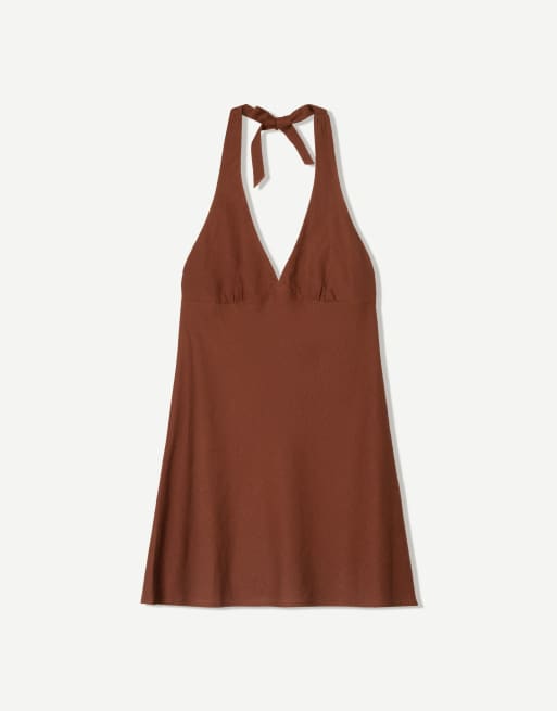 Bershka Linen blend halter mini dress in brown, 4 of 4