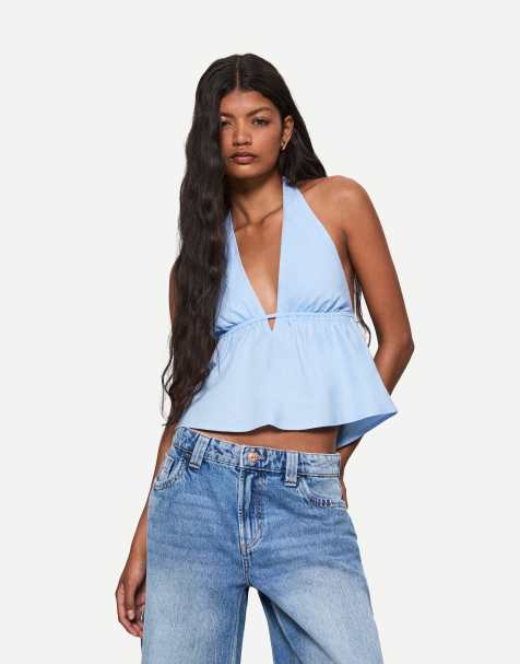 Bershka linen blend halter waistcoat in light blue