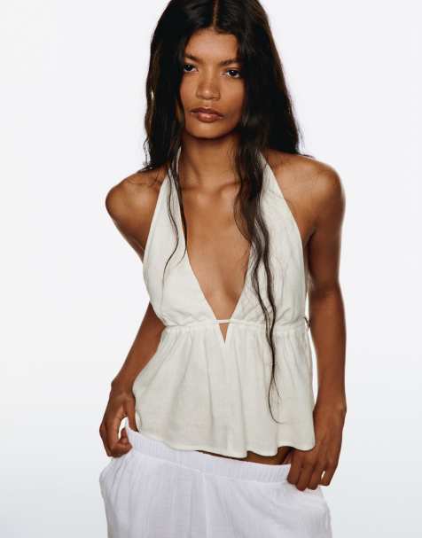 Bershka linen blend halter waistcoat in white - view 1
